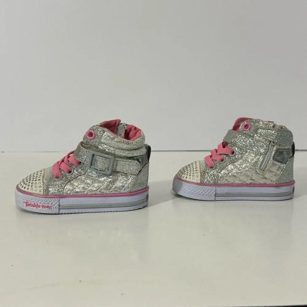 Skechers Twinkle Toes Silver and Pink Toddler High Top Shoes | Toddler Size 2